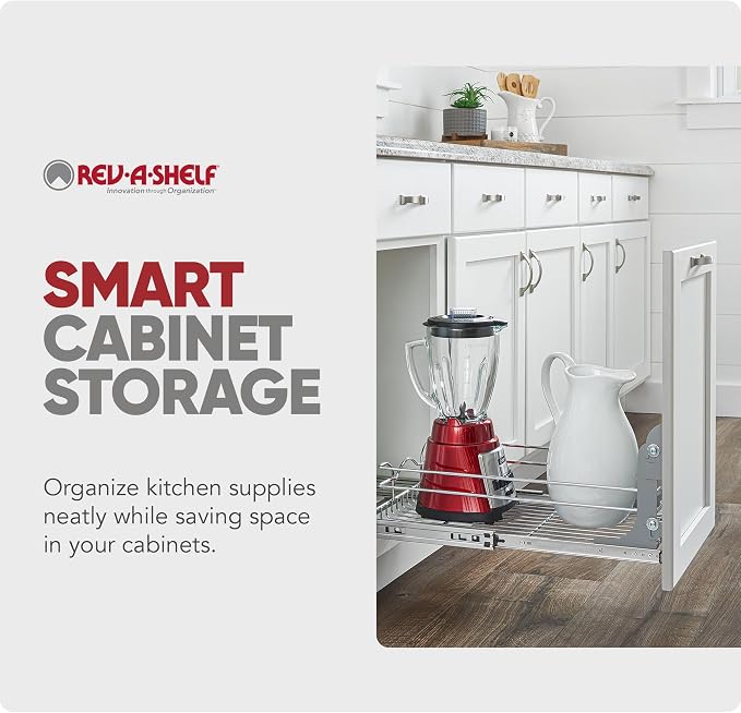 Rev-A-Shelf Steel Wire Pullout Drawer Organizer Shelf for Kitchen Cabinets, Slide Out Storage Basket, Min Opening Width of 11.5", 12" x 20", 5WB1-1220CR-1