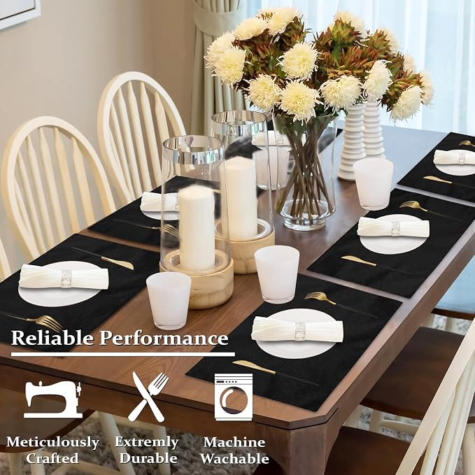 Cloth Placemats Set of 4, Cotton Linen Blend Place Mats, Black | Machine Washable, Double Layered, Heat Resistant, Fabric Dining Table Mats for Kitchen, Indoor & Outdoor, 13" x 19"