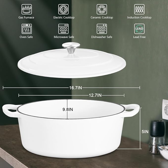 7 Quart Oval Dutch Oven with Lid, Leonyo 7QT Enameled Oval Cast Iron Dutch Oven for Sourdough Bread Breaking, Heavy Duty Cookware for Braising, Stews, Roasting, White