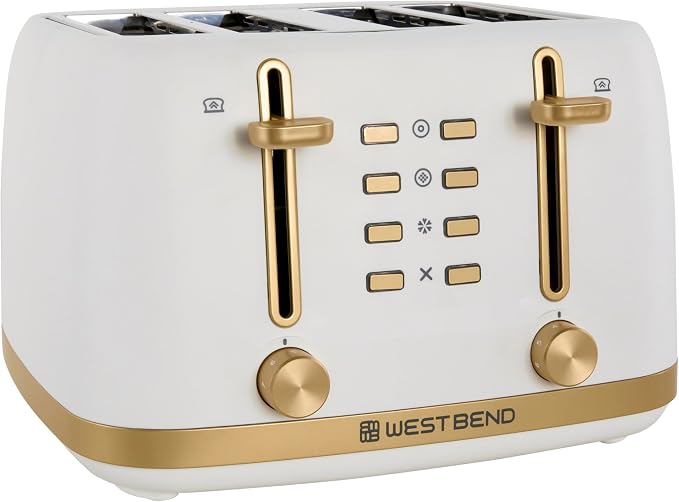 West Bend Timeless 4-Slice Toaster, Stainless Steel, in White Gold | West Bend Timeless 4-Slice Toaster, Bagel, Waffle, Defrost, High-Lift Lever, Stainless Steel, in White Gold