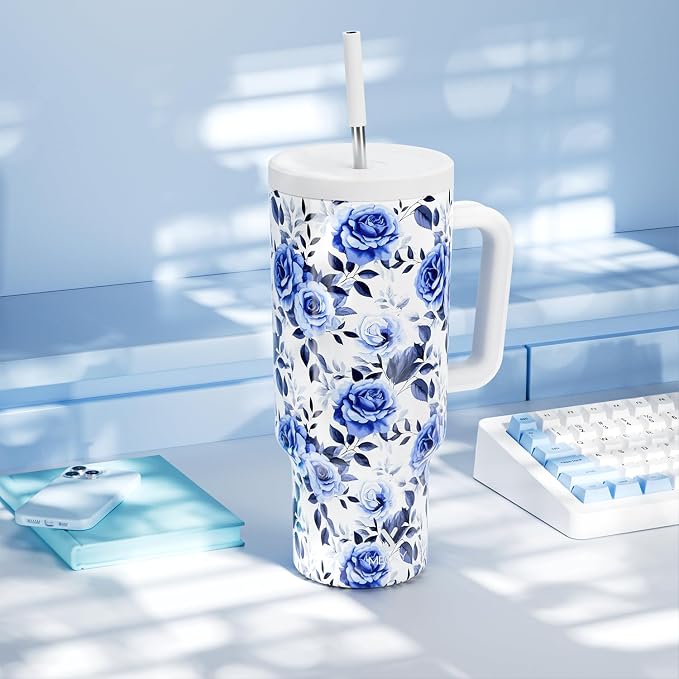 Meoky 40 oz Tumbler with Handle and Straw: Stainless Steel Insulated Tumbler with Lid and Straw - 100% Leak Proof Tumbler for Car Cup Holders - Travelers Commuters Workers, Blue Rose