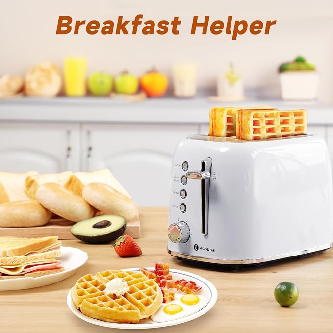 Aigostar Retro 2 Slice Toaster, Stainless Steel, White | 1.6 Inch Extra Wide Slots, Bagel Function, Cancel & Defrost, 6 Shade Settings, Removable Crumb Tray