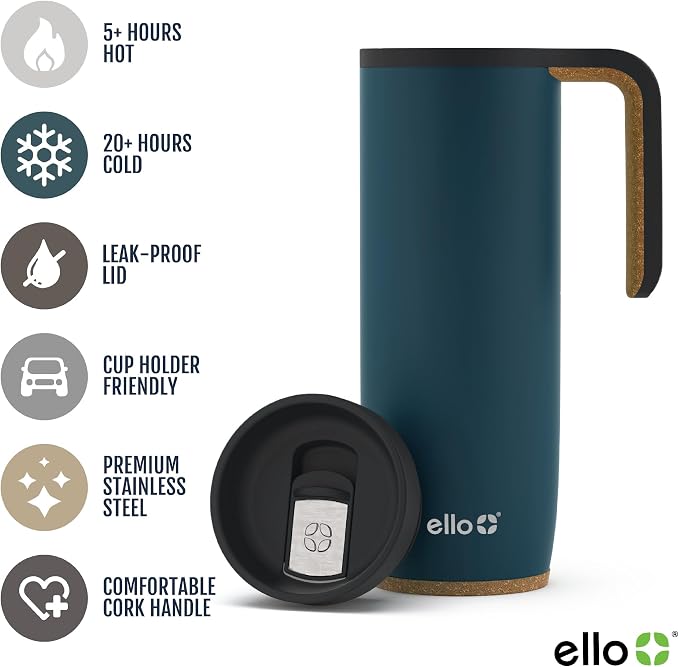 Ello Magnet 18oz Insulated Stainless Steel Travel Mug with Handle, Poseidon | Leakproof coffee tumbler with side handle and cork coaster. BPA-free, keeps drinks hot for 5 hours, great for coffee and tea.