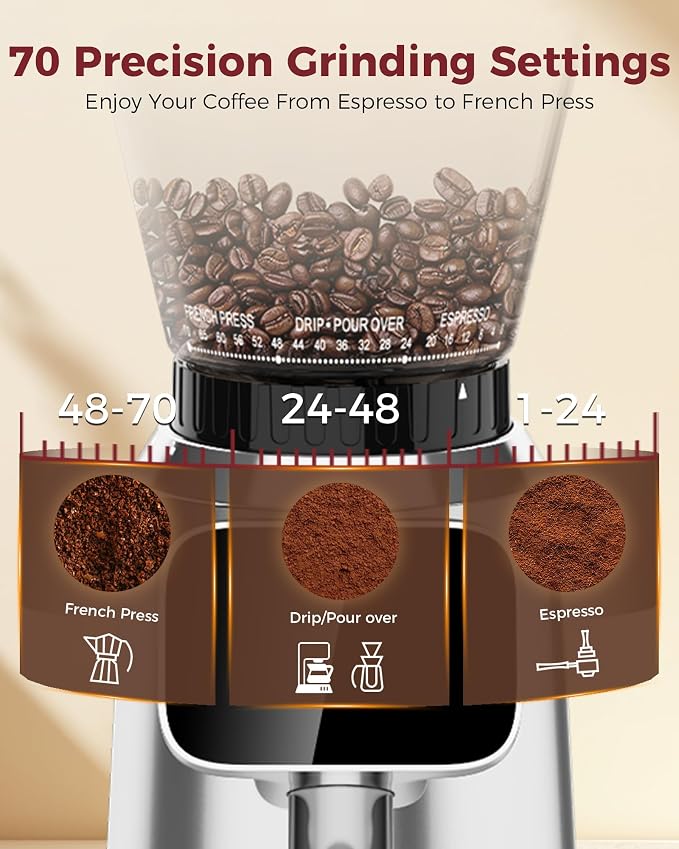 Tuni G2 Conical Burr Coffee Grinder, 70 Grind Settings, Stainless Steel | Electronic Anti-static Burr Grinder with Precision Timer LED Touchscreen for Espresso/Drip/Cold Brew/French Press, Silver