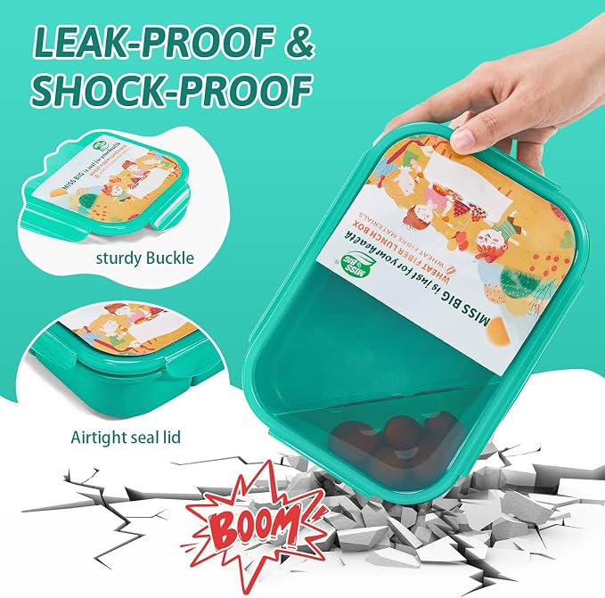 MISS BIG® Bento Lunch Box for Kids, 1150ml, 3 Compartments, Green | Green kids bento lunch box for school food, daycare meals, snacks, light lunch, picnic, and travel.