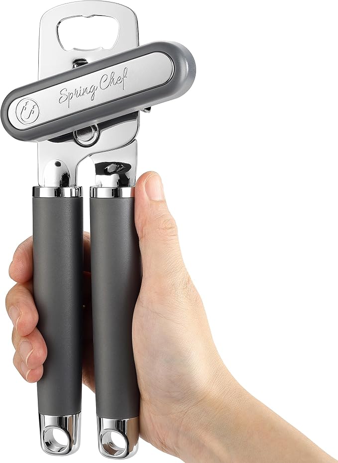 Spring Chef Stainless Steel Manual Can Opener with Soft Grip Handles, Gray | Heavy Duty Hand Can Opener for Seniors with Smooth Edge, Easy Turn, 3in1 Can Opener with Magnetic Lid Remover & Bottle Opener