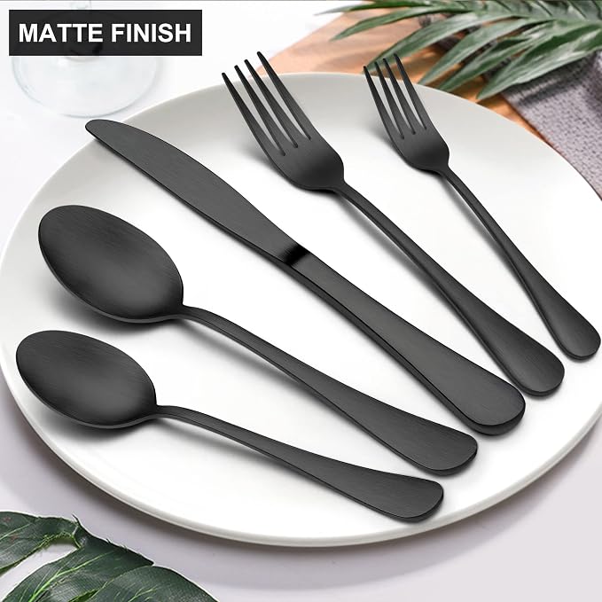 LIANYU 60 Piece Matte Black Silverware Set, Satin Finish Cutlery Set for 12 | Stainless Steel Black Flatware Set, Fancy Kitchen Utensil Tableware for Home Restaurant Party, Dishwasher Safe