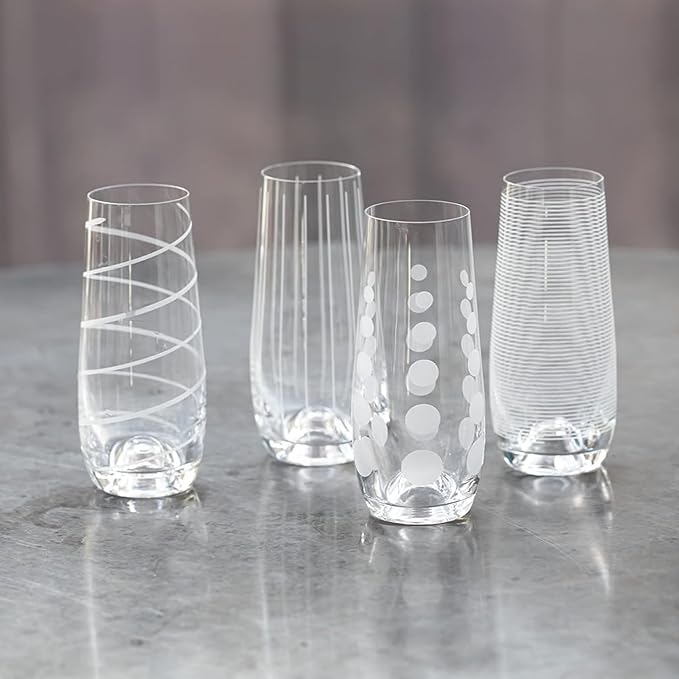 Mikasa Cheers Stemless Flutes, 7.5 Oz - Clear, Set of 4 | Lead-Free Crystal Drinkware with Dot, Line & Swirl Designs for Champagne, Prosecco, Cocktails & Mimosas, Dishwasher Safe