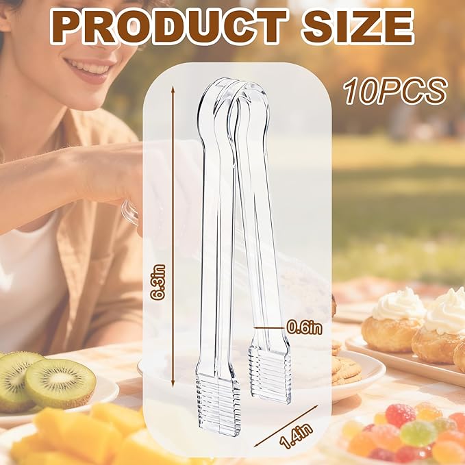 10Pcs Clear Plastic Serving Tongs, 6.3 Inches Small Disposable | Mini Plastic Tongs for Food, Party, Buffet, Salad, Appetizer, Ice, Candy, Catering, Fruit, Easy to Hold and Clean