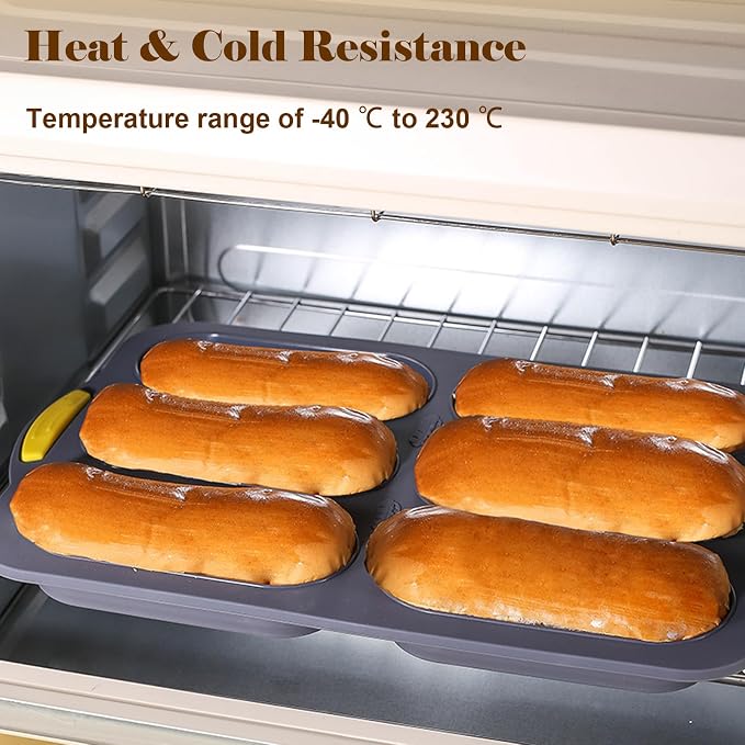 Silicone Bread Loaf Pan, Nonstick Baguette Bread Pan, 6-cavity | Food Grade Silicone Molds for Baking Hot Dog Buns Hoagie Rolls Sandwich, Sourdough Loaf Pan, Bread Pans for Homemade Bread