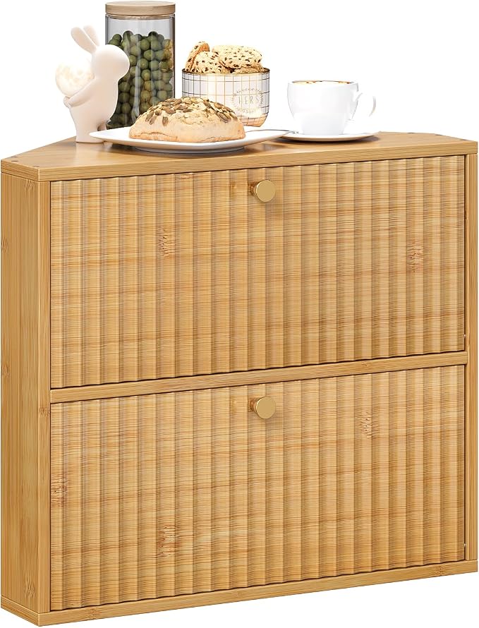 Trironsun Corner Bread Box for Kitchen Countertop Bamboo Two Layer Large Capacity Bread Storage Bin Vintage Storage for Homemade Bread (Natural Bamboo)