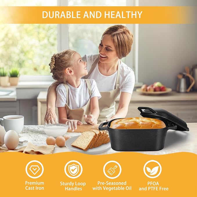3.6 QT Cast Iron Loaf Bread Pan with Lid, Oval Dutch Oven for Bread Baking | Pre-Seasoned, Even Heat, Easy Release, Heavy-Duty, Oven Mitts & Recipe Book Included