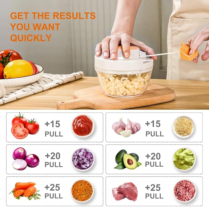 Manual Food Processor & Vegetable Chopper, Hand Pull String Garlic Mincer Onion Chopper Dicer for Salsa Pesto Guacamole, 3 Stainless Steel Blades, 500ml White