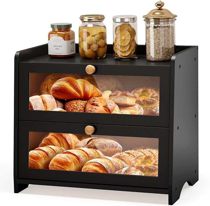 Double Layer Bread Box Container for Kitchen Countertop Homemade Bread | Large Breadbox Storage Wooden Farmhouse Bread Holder (Black, Large-16.54" L x 9.84" W x 14.96" H)