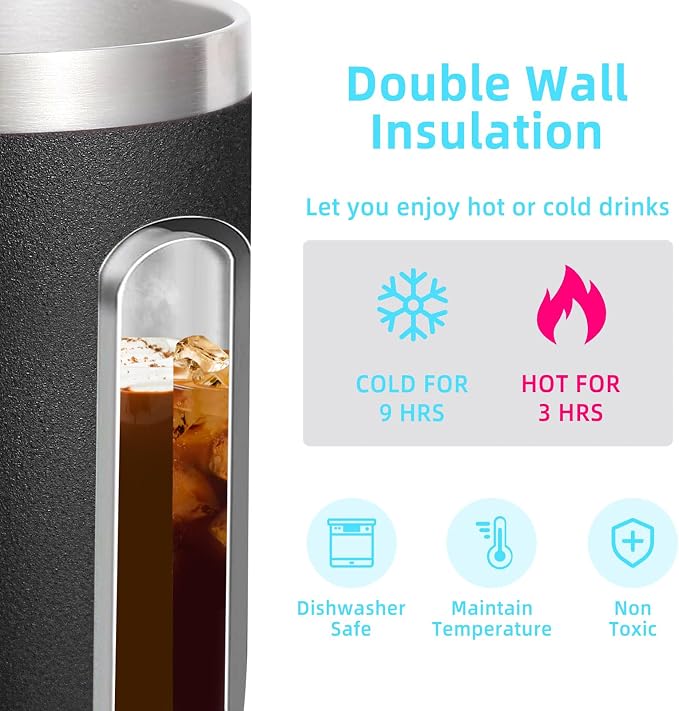 Volhoply 14oz Insulated Stainless Steel Coffee Mug with Lid Bulk 8 Pack,Double Wall Vacuum Travel Coffee Cup with Handle,Reusable Metal Cups Tumbler,Camping Mugs Keep Hot,Ideal Gifts(Black,8)
