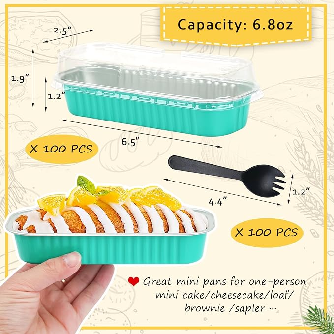 LNYZQUS Mini Cake Loaf Pans with Lids 100 Pack, Small Foil Baking Tins | 6.8oz Rectangle, Blue, Disposable Aluminum Cake Cups, Individual Dessert Containers for Bakery Bake Sale Treats
