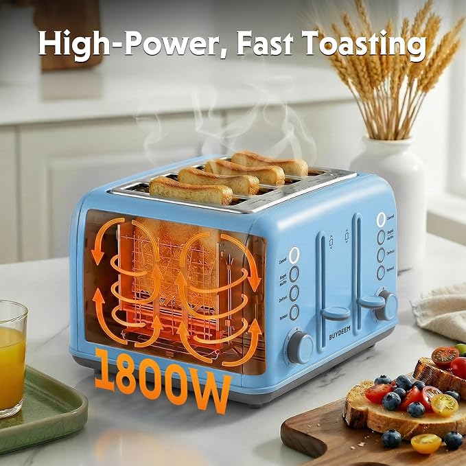 BUYDEEM DT640 4-Slice Toaster, 7 Shade Settings, Extra Wide 1.5’’ Slots for Bagel & English Muffin, 6 Toasting Functions, Retro Stainless Steel Toaster with High Lift Lever, 1800W, Blue