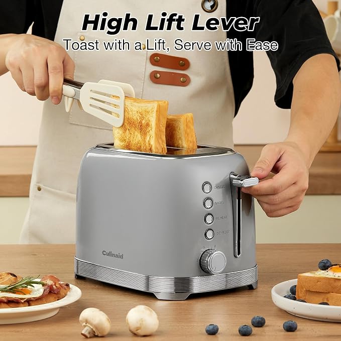 Toaster 2 Slice Retro Stainless Steel, Gray | 1.5” Extra Wide Slots with Bagel, Defrost, Reheat, Cancel Functions, 6 Bread Shade Settings, Removable Crumb Tray