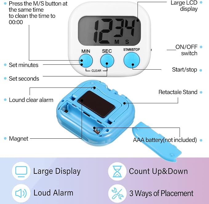Weewooday 24 Pcs Small Digital Kitchen Timer Magnetic Back and Switch Minute Second Count up Countdown Big LCD Display Loud Alarm for Teacher Cooking Baking (Colorful)
