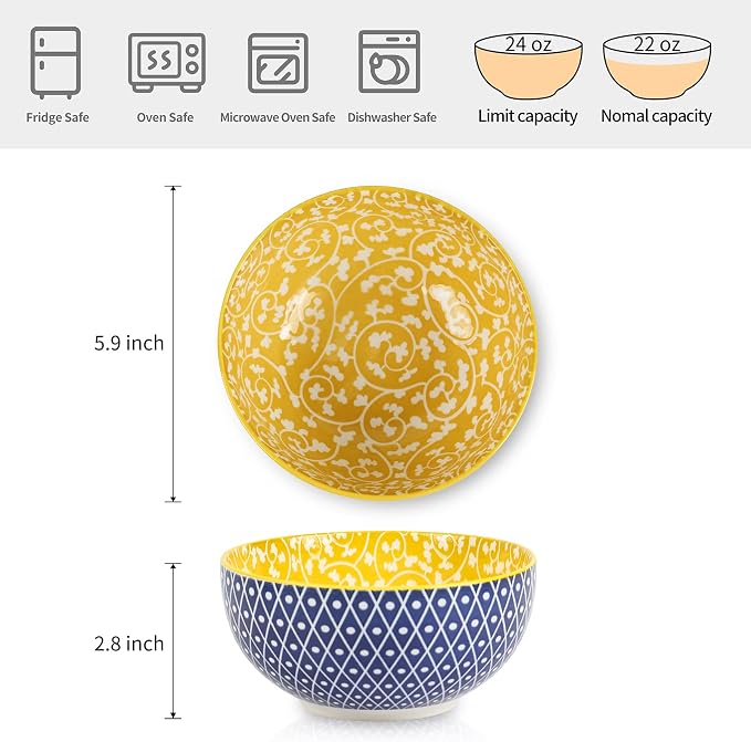Selamica Ceramic Cereal Bowls Set of 6, 24 Oz Deep Soup Bowls for Kitchen | 5.9 Inch Dessert Bowls for Salad, Pasta, Oatmeal, Ramen, Microwave Dishwasher Safe, Assorted Colors