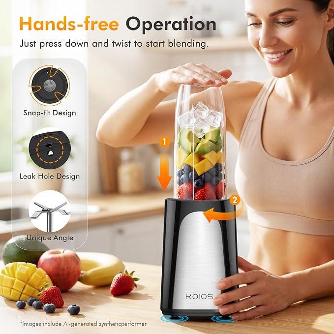 KOIOS 1000W Smoothie Blender, 15-in-1 Single Serve Set, Press-Twist Design | Personal Blender & Kitchen Countertop Smoothie Maker with 2x24oz+17oz Cup, Detachable 4-Blade, Frozen Drinks, Protein Shakes
