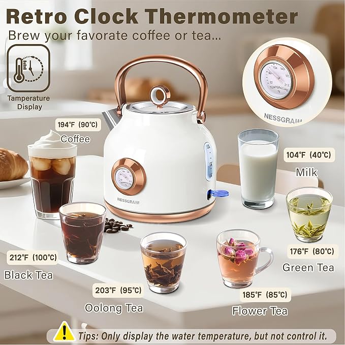 Retro Electric Kettle, 1.7L Stainless Steel Tea Kettle with Large Temperature Gauge, 1500W Fast Heating Hot Water Boiler with LED Indicator, Auto Shut-off & Boil-Dry Protection-Reteo White