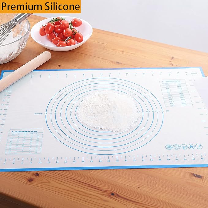 Silicone Baking Mat，Non Stick Rolling Dough with Measurements for Pie Pizza Cookies Fondant Making，Extra Thick Non Slip Silicone Pastry Mat (Blue, L-16"×24")