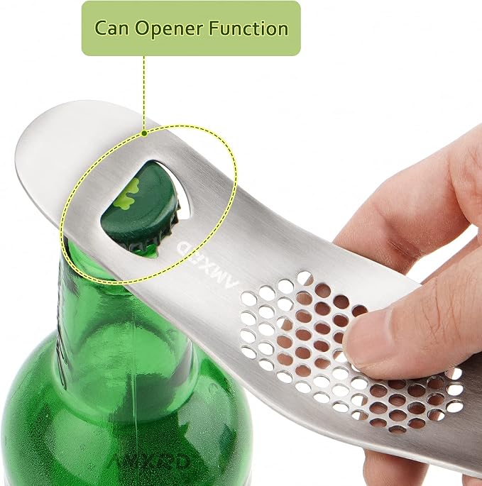 Stainless Steel Garlic Press Rocker & Silicone Garlic Peeler | 3-in-1 Garlic Mincer Crusher Squeezer with Bottle Opener & Herb Stripper/Leaf Zipper, Versatile Kitchen Tool