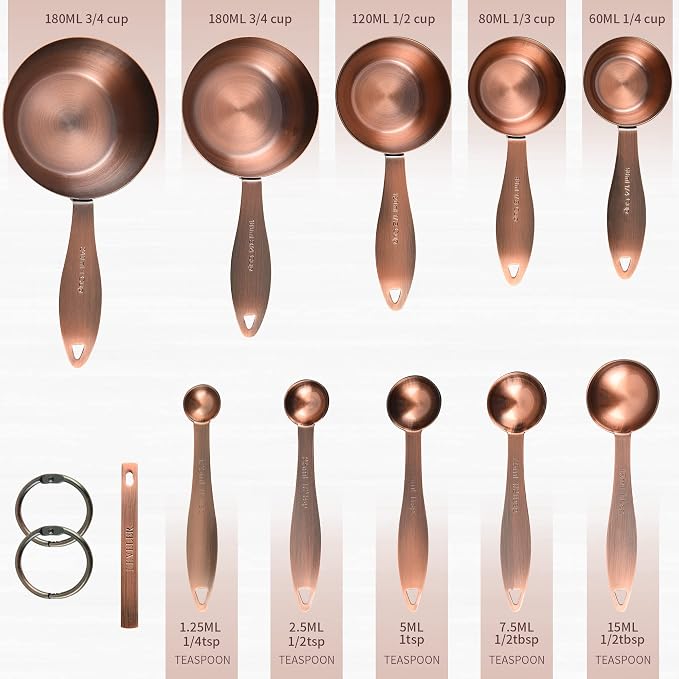 Copper measuring cups and spoons set,Includes Stainless Steel 5 Measuring Cups and 5 Measuring Spoons and Measure Ingredient Leveler and Rings（copper）