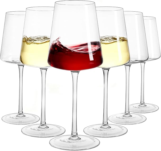 White Wine Glasses Set of 6, 13.5oz, Lead-Free, Dishwasher Safe | Hand Blown Crystal, Long Stem, Modern Square Design, Ready to Gift, Wedding Parties Christmas Daily Use