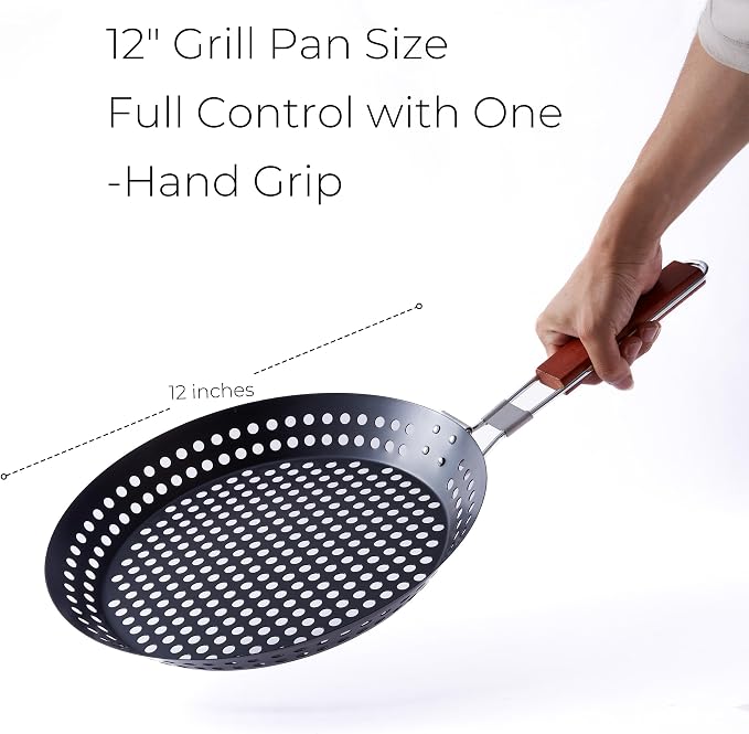 12 in Kozmatik Turkish Grill Pan, Nonstick Carbon Steel Basket | Handled Vegetable Charring Pan, For Stovetop And Grill Cooking, Black Round Basket Design