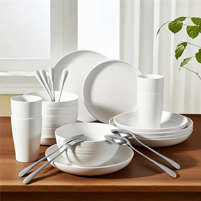 24 Pcs Wheat Straw Dinnerware Set- Picnic & Camping- Unbreakable & Reusable- Includes 4x 9in Plates, 4x 8in Plates, 4x 6in Bowls, 4 Cups, 4 Stainless Steel Forks and Spoons- Kitchen, Dorm, Office