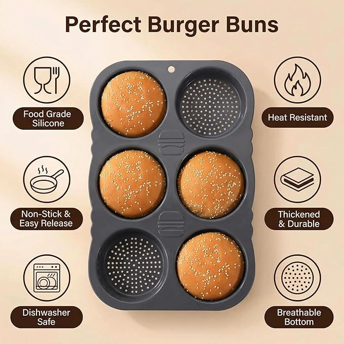 6-cavity Silicone Hamburger Bun Pan, Nonstick & Heat Resistant Burger Bun Pan, Bread Baking Pan for Hamburger Bun, English Muffin, Cinnamon Roll, Mini Sourdough, Bread Pans for Homemade Bread