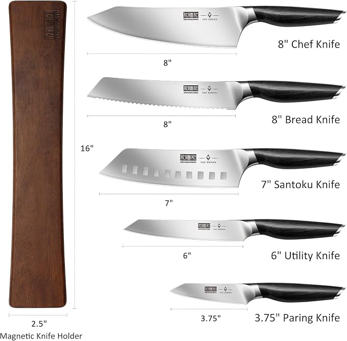 HOSHANHO Knife Set with Magnetic Knife Holder, 6-Piece Kitchen Knife Set | High Carbon Powder Steel Chef Knives Sets with Ergonomic Pakkawood Handle, Gifts for Men and Women