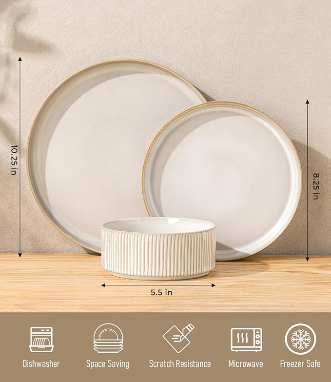 GBHOME Stoneware Dinnerware Sets for 4, 12 Pieces Plates and Bowls Set | Lightweight Ceramic Ribbed Dishes,Reactive Glaze Stackable Plate Set,Scratch Resistant,Microwave Dishwasher Safe,VanillaLatte