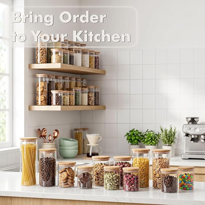 6-Pack 0.6Qt Small Round Glass Storage Jars with Bamboo Lids | Minimalist Kitchen Organizer,Pantry Storage Container,Food Storage Container,Scandinavian Style Storage,Nordic Style Storage