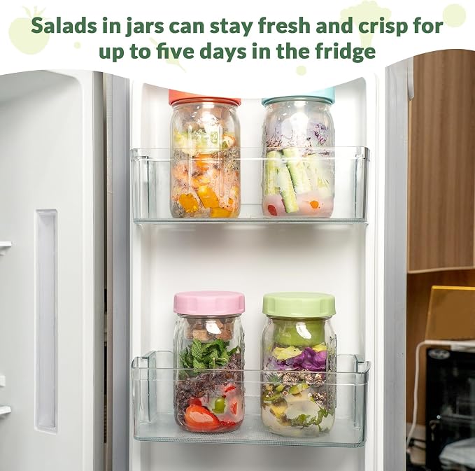 SOLIGT 4 Pack Glass Salad Jars with Lids Meal Prep, Wet/Dry Separation | Pink/Orange/Sky Blue/Olive Green, Leakproof, Two Small Built-in Cups for Salad Dressing and Dry Ingredients,32oz Mason Jars