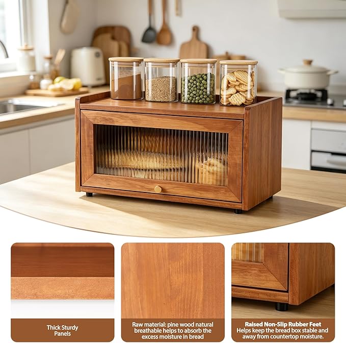 Wooden Bread Box for Kitchen Countertop, Daily Bread Storage for Clutter-Free Counters, Flat Top Bread Holder with Acrylic Door, Brown