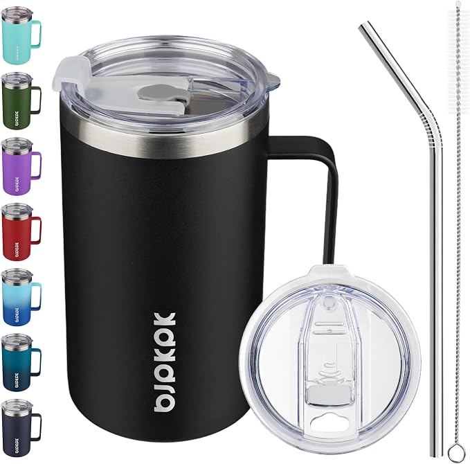 BJPKPK 25oz Insulated Coffee Mug with Handle, Stainless Steel Travel Mug | Keeps Drinks Hot & Cold, Double Wall Vacuum, 2 Lids Included, BPA-Free Coffee Tumbler for Home, Office & Travel