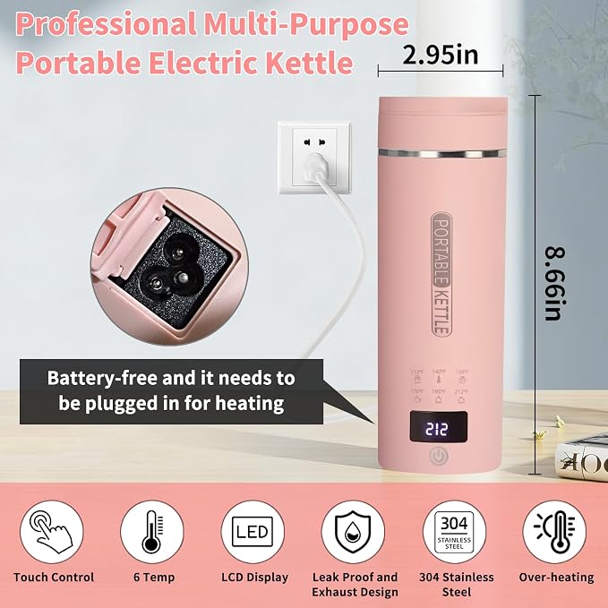Pink Travel Electric Kettle with LCD Display, 6 Temperature Settings, 450ml / 15.2oz, 304 Stainless Steel, Auto Shut-Off and Dry Boil Protection, Compact and Portable Electric Kettle