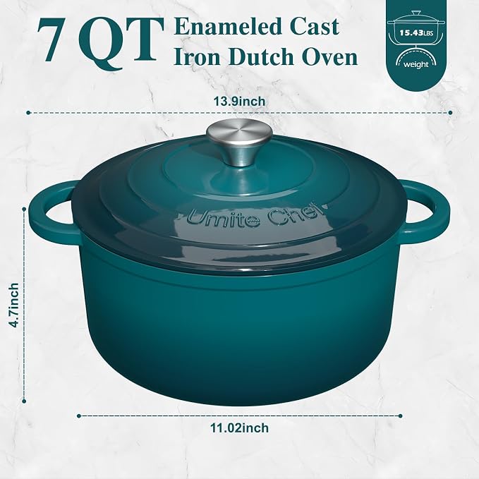 Umite Chef 7QT Enameled Cast Iron Dutch Oven with Lid & Cotton Potholders–Heavy-Duty Cookware for Bread Baking, Braising, Stews, Marinate, Cook(Emerald)