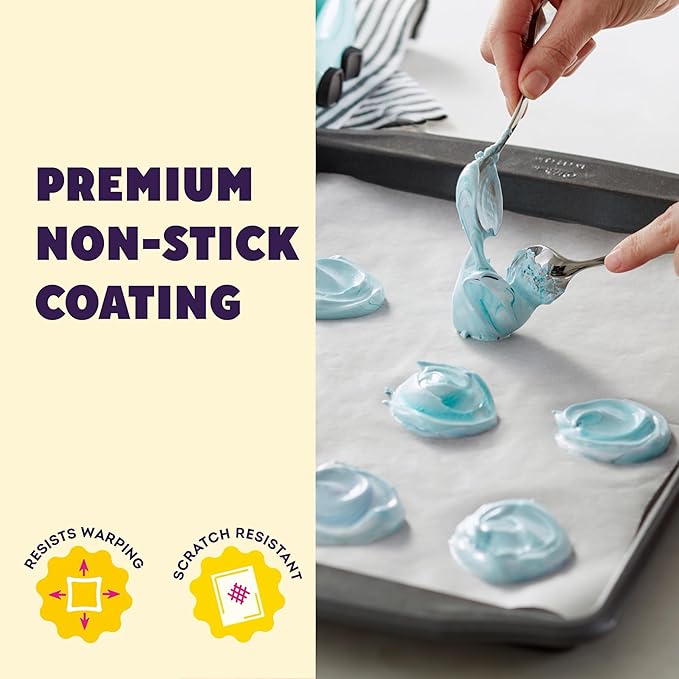 Wilton Gold Non-Stick Cookie Sheet, Made Without PFAS, 15.25 x 10.25 in. | Non-Stick Steel with Scratch-Resistant Coating, Resists Warping, Extended Handles, Dishwasher Safe, Perfect for Cookies