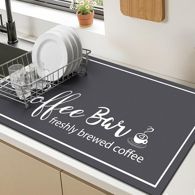 Findosom Dish Drying Mat, 16"x 24" Super Absorbent & Hide Stain Coffee Mat, Cuttable Drying Mat for Kitchen Counter, Coffee Bar Accessories, Under Dish Rack, Coffee Maker, Espresso Machine, DarkGrey