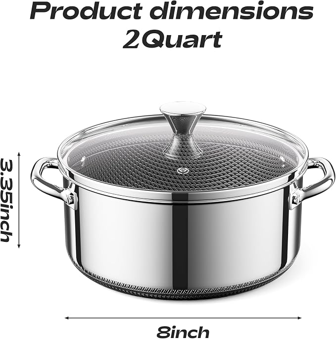 Hybrid Nonstick 2-Quart Stockpot,8 Inch Stainless Steel Stockpot with Glass Lid,PFAS PFOA PTFE Free, Dishwasher-Friendly, Oven-Safe Up to 600°F,Non-stick Soup Pot Compatible with All Cooktops