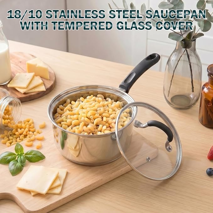 Cook N Home Professional 1 Quart Stainless Steel Saucepan with Lid, Small Kitchen Induction Cooking Sauce Pot Pan, Stay-Cool Silicone Handle, Dishwasher Safe