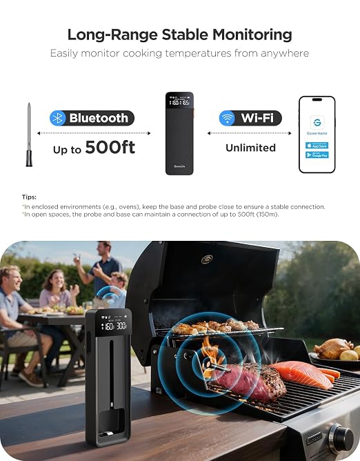 GoveeLife Smart Bluetooth Wireless Meat Thermometer Digital with App Alerts | WiFi Unlimited Range, IP68 Waterproof, Charge Magnetic Base, Timer Mode, Kitchen Thermometer Suitable for BBQ, Grill, Smoker