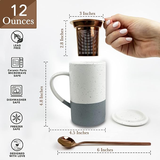Mora Ceramics Tea Cup with Loose Leaf Infuser, Spoon and Lid, 12 oz, Microwave and Dishwasher Safe Coffee Mug - Rustic Matte Ceramic Glaze, Modern Herbal Tea Strainer - Great Gift for Women, Flint