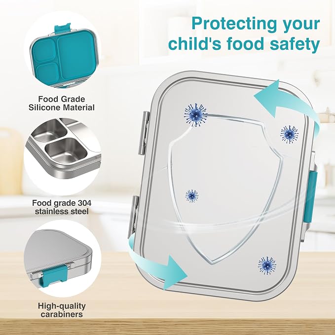 HOMEKOL Stainless Steel Bento Lunch Box 3 Compartments, 3.3 Cups, Blue | for Kids Adults, Leak-Proof Metal Lunch Container for Office School Picnic, BPA-Free, Dishwasher Safe
