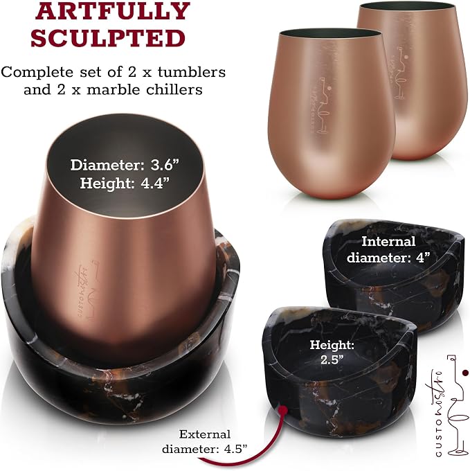 Gusto Nostro Marble Wine Chiller for Glass and Stainless Steel Tumbler Set of 2 - Wine Glass Chiller Holder for Freezer - Cool Set Chillers & Stemless Wine Metal Tumblers for Home,Bar (RoseGold Black)