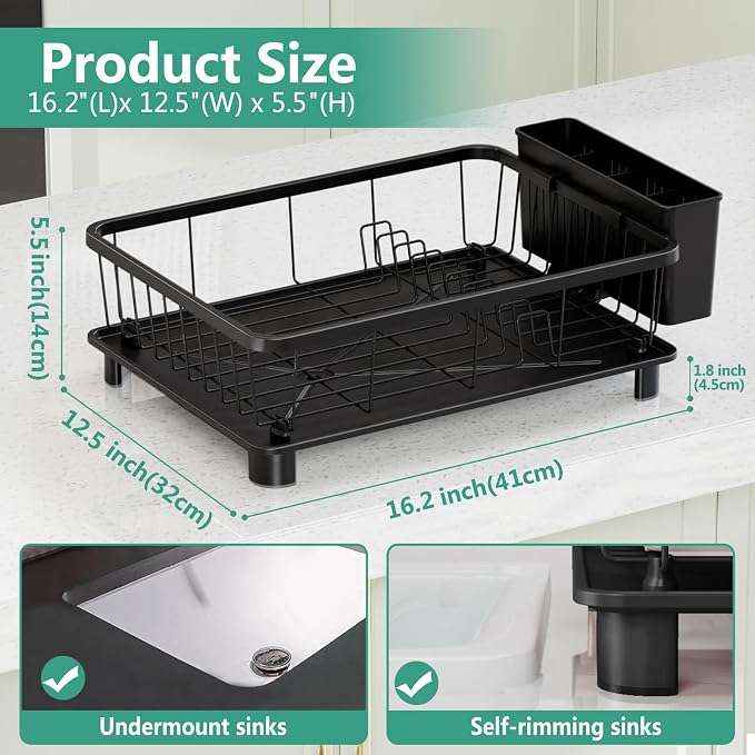 Hiviweer Dish Drying Rack for Kitchen Counter, 16.2" L x 12.5" W, Black | Space-saving design with drainboard, removable utensil holder, rustproof durable dish drainer for kitchen countertop storage